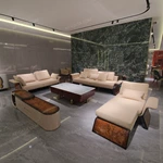 Warm Sand Leather Sofa Set with Natural Burl Wood Veneer, Polished Stainless Steel Trim & Fluid Curved Silhouette